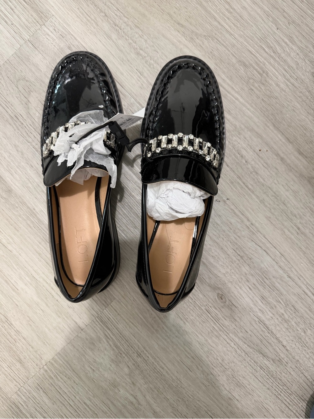 LOFT Black Patent Loafers with Crystal Chain Accent